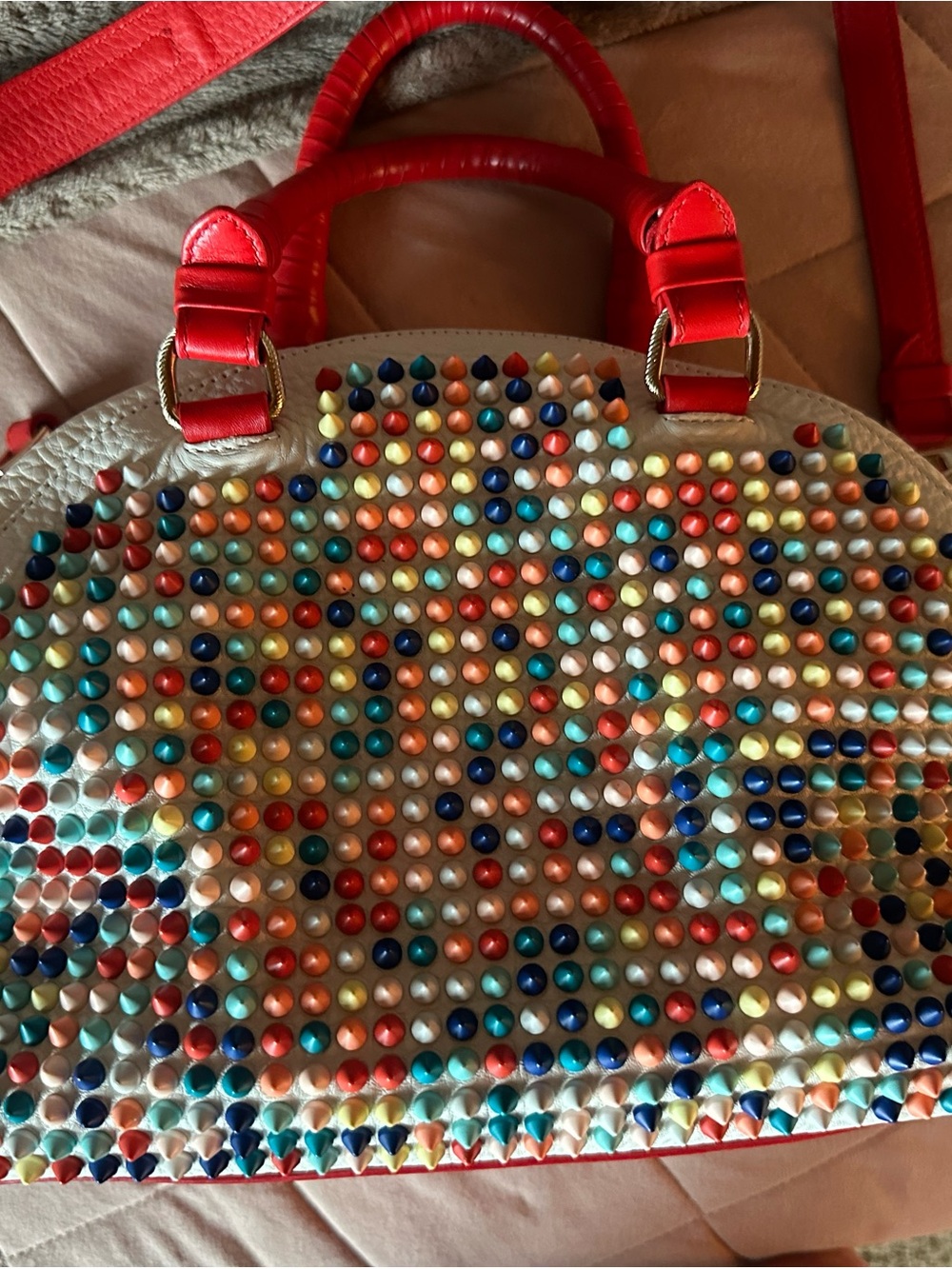 Christian Louboutin Multicolor Studded Dome Satchel with Red Handles
